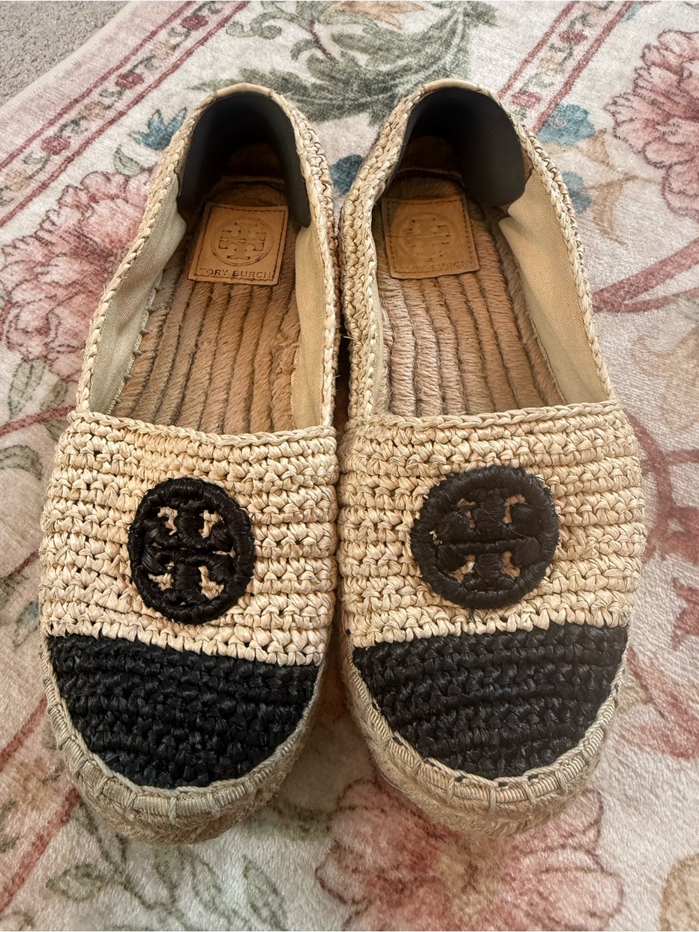 Tory Burch Crochet Espadrille Flats in Natural and Black Raffia